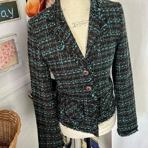 Runway Tweed Pocket Jacket Coat Raw edges Large Beaded Button Green Black Plaid